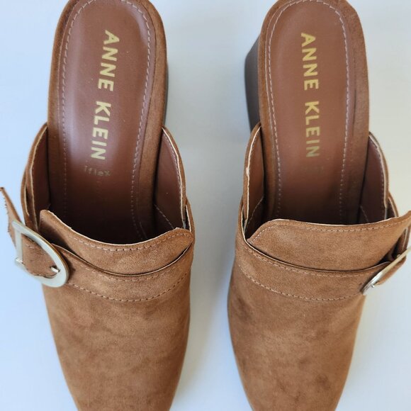 Anne Klein Brown Block Heel Mules Faux Suede Buckle Slip On Business Casual 10 - Picture 7 of 14